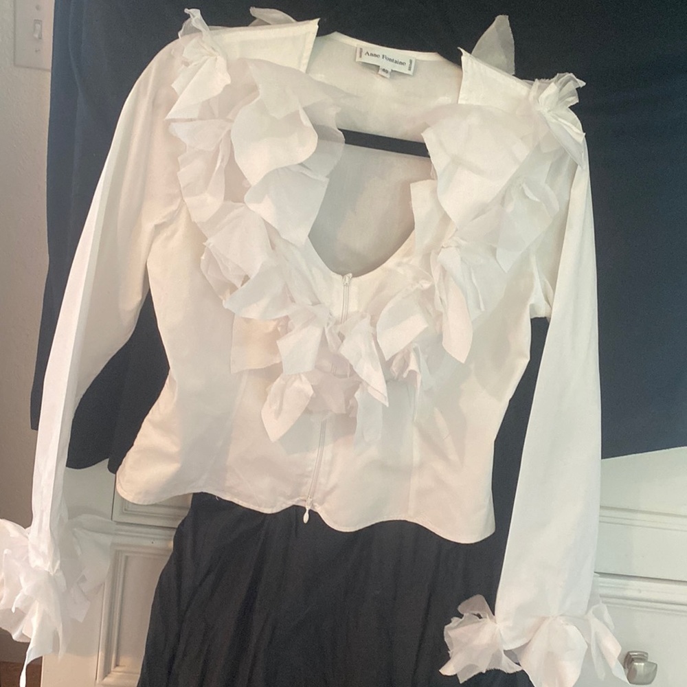 Anne Fontaine white zip up blouse with frilly trim